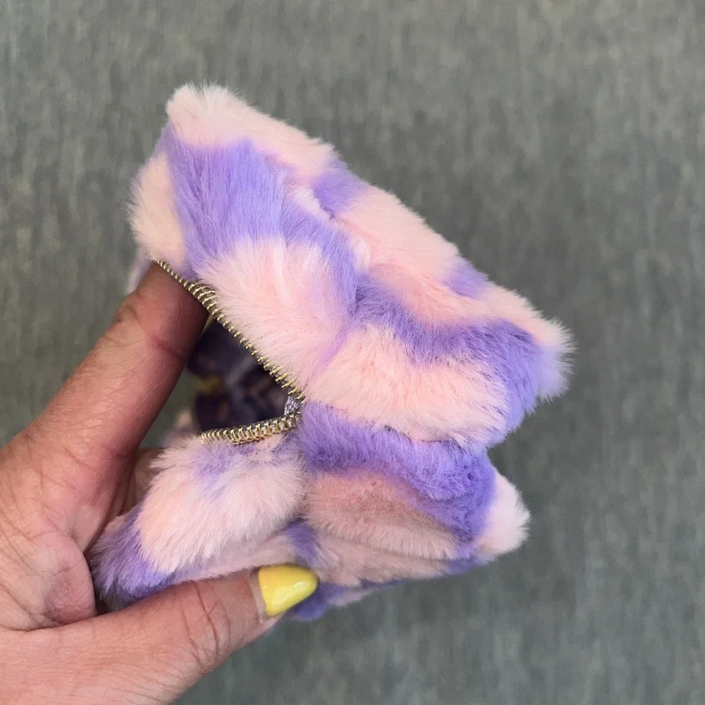 Truly Beauty Makeup Bag Fuzzy Heart Cosmetics Pouch Pink Purple Travel Small NEW